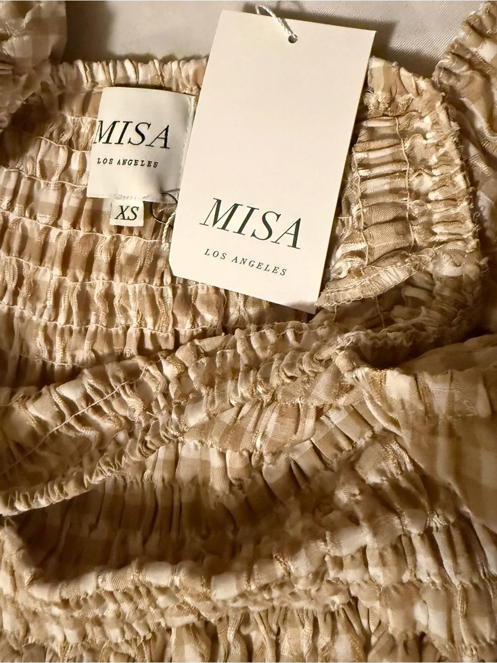Misa Los Angeles Beige Gingham Smocked Puff-Sleeve Mini Dress - Picture 3 of 7